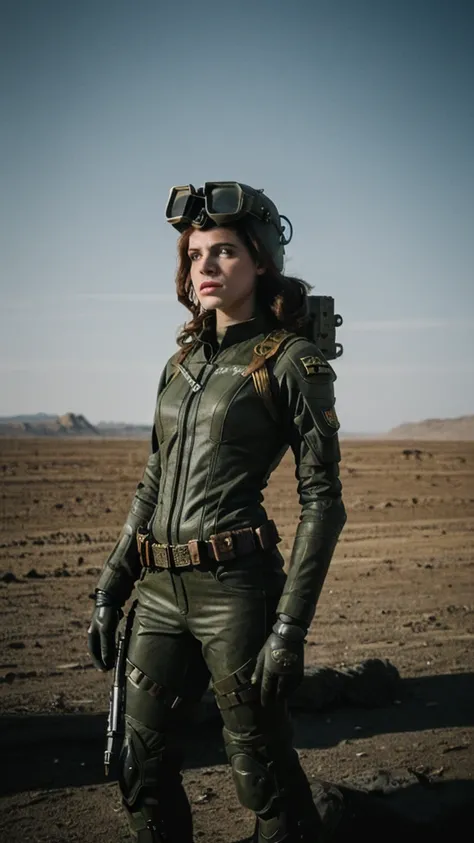 cinematic film still of beautiful 25 year old (4nn4D31v3y woman),as comicbook hero Tank Girl,wearing an (army camoflage uniform:1.1) and helmet,(medium close up shot),standing next to a (armor steampunk tank:1.2),apocalyptic landscape in background,cinemat...