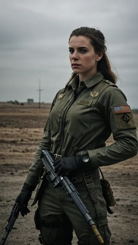 cinematic film still of beautiful 25 year old (4nn4D31v3y woman),as comicbook hero Tank Girl,wearing an (army camoflage uniform:1.1) and helmet,(medium close up shot),standing next to a (armor steampunk tank:1.2),apocalyptic landscape in background,cinemat...