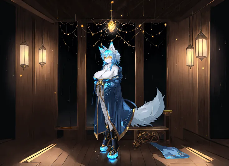 fox Light blue hair 　beast girl　indigo fur　fox beast girl　fox Light blue hair 　beast girl　indigo fur　fox beast girl　Wallpaper 4k,8k,highly detailled,,vivid colors,detailed kitsune with 9 tails,traditional Japanese artwork,tatami floor,beautiful cherry blos...