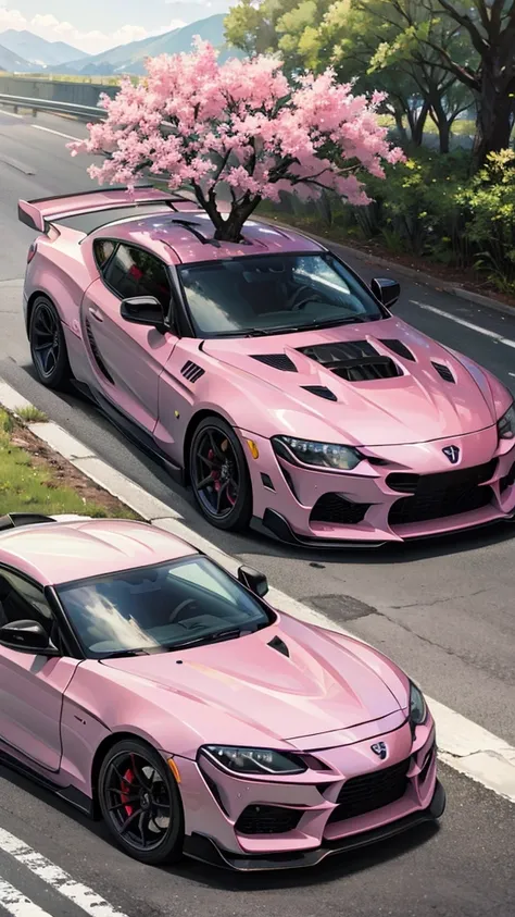 Make a beautiful Natural Mountains pink leaves tree a boy driving Supra car