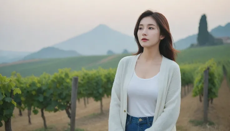 k Best picture quality, Beautiful 36-year-old Korean woman, short and nice weather. Chest size 34 inches, Dense fog at dawn in the Italian countryside, past the vineyard, The cathedral can be seen in the fog on a hill in the distance., The back background ...