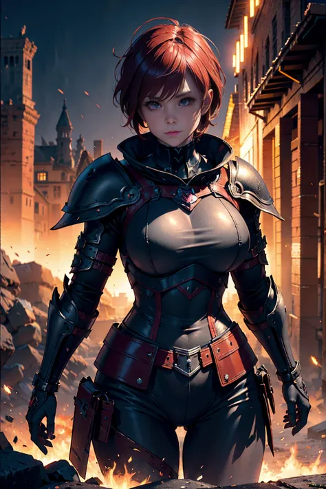 8k, (ultra-detailed,high resolution,dark,fantasy:1.2), red short hair, black chest open armor , warrior, medieval town, darkness...