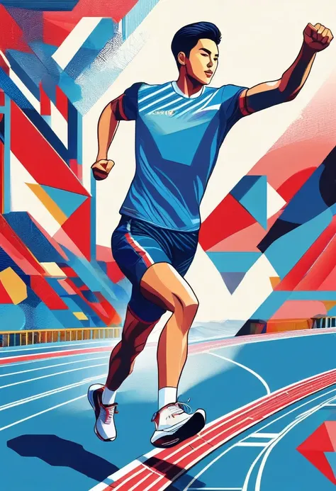 1 person, sock, sports shoes, Red shorts, Blue shirt, geometry, Art, beautiful, rich and colorful, masterpiece, Top quality, best quality, official Art, beautiful and aesthetic, running, running track, track and field, bloom, track, Race, Asia, whole body.