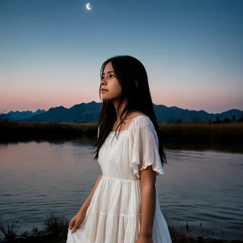 A depiction of La Llorona, the Mexican weeping woman, with a sorrowful face and tear-streaked cheeks. She is wearing a tattered white dress and is standing by a river or lake under a moonlit sky, with her hands outstretched in mourning.
