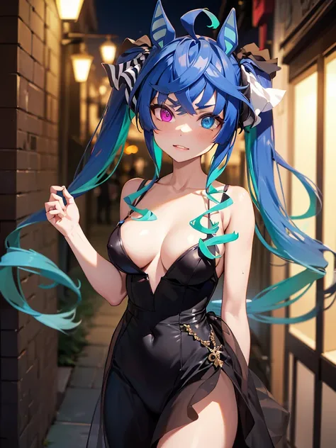 (Masterpiece, best quality, high res、highly detailed cg: 1), A scene titled "The Temptation of the Courtesan" depicts a woman of the night standing in a dimly lit alley. She wears a revealing dress, her posture is seductive, and her eyes are locked onto a ...