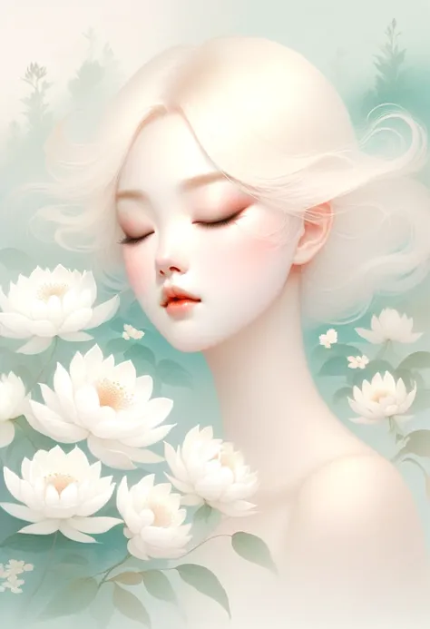 (mist:1.5)，Soft space，Soft tones，dream，Hazy and mysterious，大量mist和白色小花覆盖，Modern illustration elements。Tranquility、Pure atmosphere，blond woman with white flowers covering her face and eyes, inspired by Hsiao-Ron Cheng, inspired by Yanjun Cheng, by Ayami Koj...