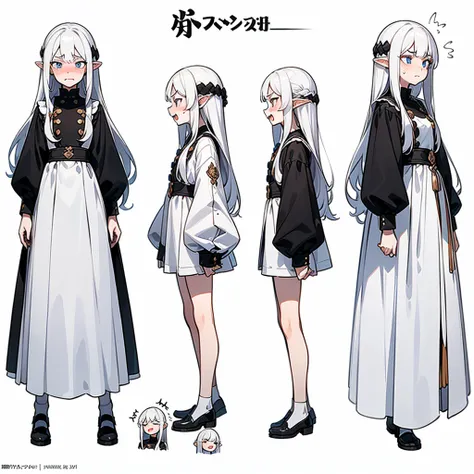 21 years old, white hair elf girl,long hair (((Whimpering,Embarrassed face, excited face, angry face))) dress, (((Detailed Character Sheet, Front view, Side view, three quarter view))) (((white background))),full body