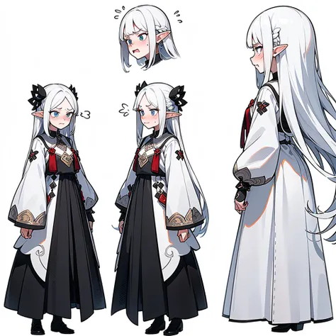 21 years old, white hair elf girl,long hair (((Whimpering,Embarrassed face, excited face, angry face))) dress, (((Detailed Character Sheet, Front view, Side view, three quarter view))) (((white background))),full body