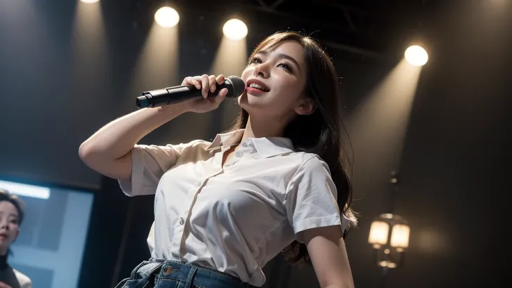 best quality, masterpiece, (photorealistic:1.4), 3 girl, light smile, shirt with collars, waist up, dramatic lighting, from below, posing singer, band singer