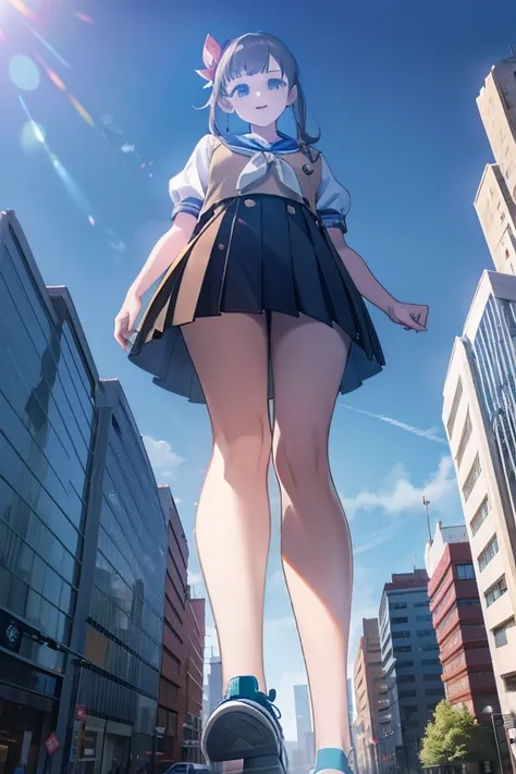 big girl wearing sneakers，girl taller than the building，sailor suit，short skirt,standing maiden，sole