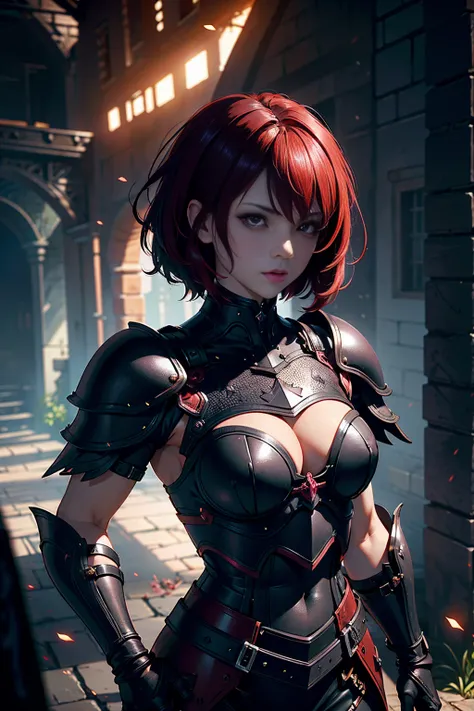 8k, (ultra-detailed,high resolution,dark,fantasy:1.2), red short hair, black chest open armor , warrior, medieval town, darkness...