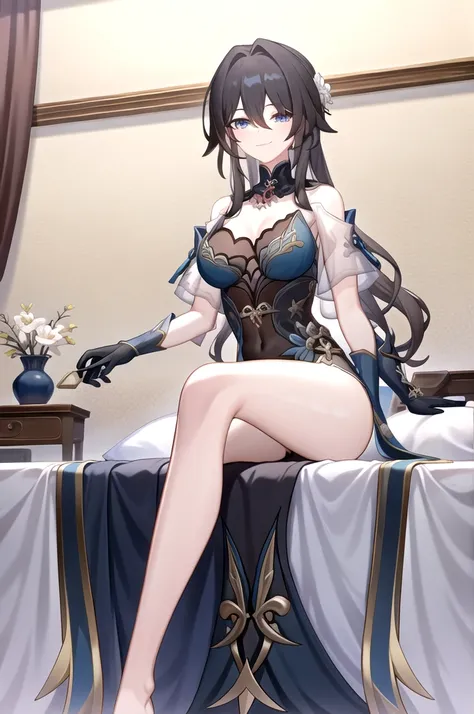 ruanmei,bangs,long hair,dress,gloves,hair between eyes,jewelry,hair ornament,blue eyes,black hair,flower,black gloves,blue dress,indoors,bedroom,sitting on bed,light smile,rosaria,, 1girl,
,  (masterpiece,best quality:1.2),absurdres，whole body,long legs,ni...