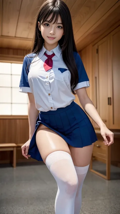 (8K, Highest quality, masterpiece:1.2, RAW Photos), One girl, (Cute school girl, Idol, beautiful girl, Baby Face:1.2), (Knee socks:1.2, Skin Dentition:1.5), (Small beautiful butt:1.2, Thin thighs:1.2, Tight waist), Delicate skin, (night, (Dark Room)), Beau...