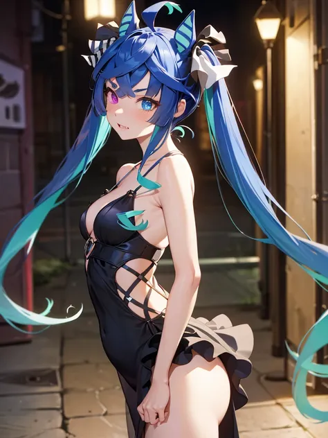 (Masterpiece, best quality, high res、highly detailed cg: 1), A scene titled "The Temptation of the Courtesan" depicts a woman of the night standing in a dimly lit alley. She wears a revealing dress, her posture is seductive, and her eyes are locked onto a ...