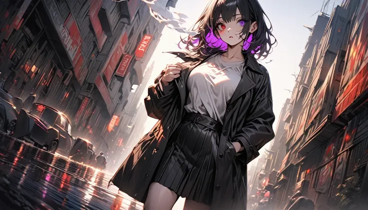 A beautiful anime girl with short,messy black hair featuring purple inner highlights,heterochromia eye,C-cup breasts,wearing a black trench coat,white shirt,black skirt,smoking a chigaratte,hand in pocket,cold expression,a little blood in her face,detailed...