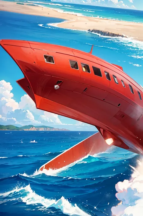 Landscape pictures，the sea,Skysky, a red submarine ship, red submarine, One-line connection,4k,gracefulness,brightly,wide