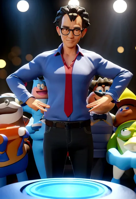 Cartoon character of a man wearing black glasses and a blue shirt, um personagem animado, Caractere estilizado, animation style rendering, 3D estilizado, Arnold Maya render, 3 d render stylized, toon render keyshot, Personagem 3D, Personagem 3D, 3d renderi...