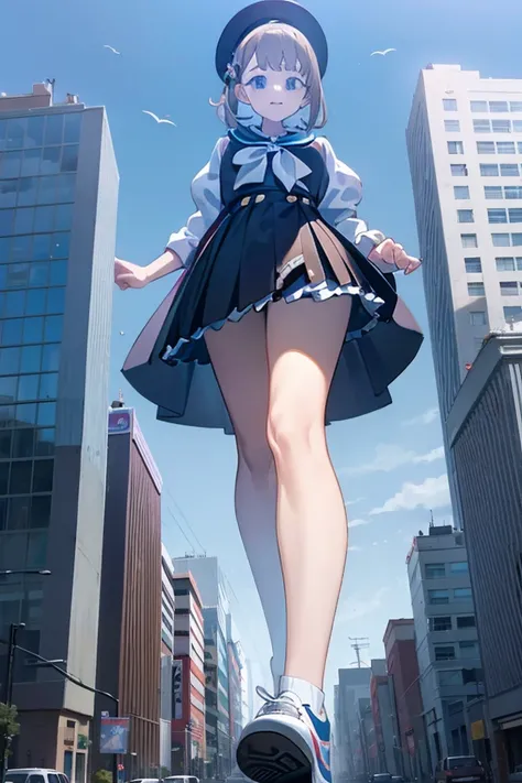 Big girl wearing sneakers，Girl taller than the building，Sailor Suit，Short skirt,Standing maiden，Sole