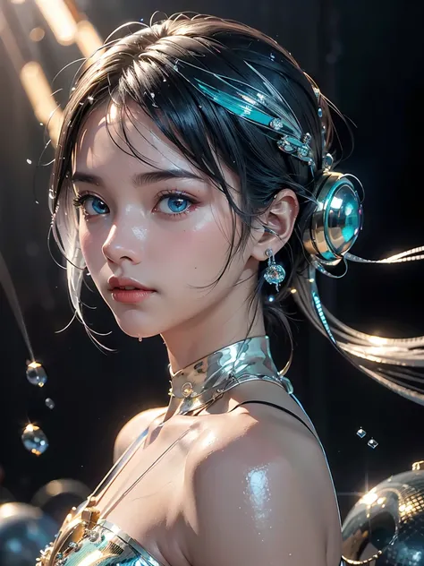 best quality, masterpiece, realistic, 1girl, goddess, messy [updo|hanging] hair, (full body:0.6), solo, (full body:0.6), looking down, detailed background, detailed face, Sc3pt4, sci-fi theme:1.1), mercury-wizard, melancholic, surrounded by waves of irides...