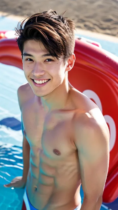 male Age 22 swimwear lifeguard topless smile