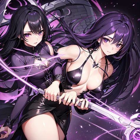 Womens (The chest is just right.)Long purple-black hair, black eyes, wearing a black-purple fantasy outfit. Holding a cool angels scythe and releasing dark magic in one hand.