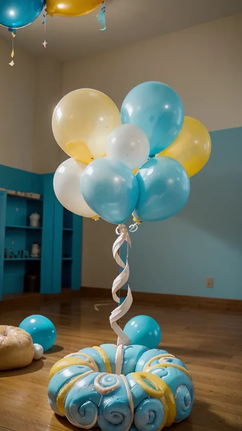 Generates decoration of a ring of cinnamon roll balloons with light blue colors, rosado, White and yellow.