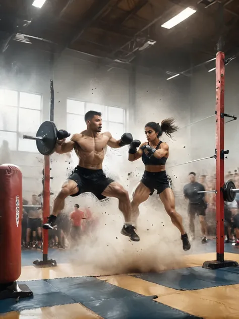 A dynamic scene captured in a sports photography style, In an expansive and modern gymnasium, different athletes are shown in the middle of their exercise routines, A South Asian female athlete in a powerlifting position, hoisting a barbell with so much fo...