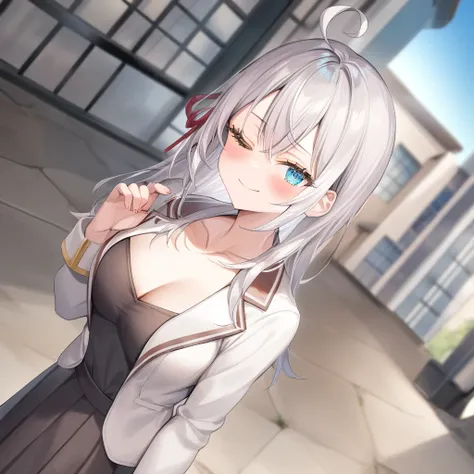 1girl,  alisa mikhailovna kujou,tokidoki bosotto roshia-go de dereru tonari no arya-san,solo, long hair, eyebrows visible through hair, hair between eyes, silver hair, hair ribbon, blue eyes, medium breasts, ,long sleeves, jacket,
looking at viewer, upper ...