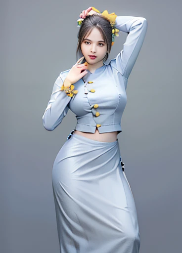 photorealistic, high resolution, masterpiec e best quality ultra-detailed, 1women. (m edium breast), hair bun, jesmine flower o n the head, mature female, solo, hips up, (wearing acmmsayarma outfit, acmmsaya rma blue top with buttons, long sleeves), ((acmm...