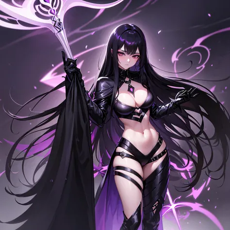 Women (The chest is just right.)Long black hair, black eyes, wearing a black-purple fantasy outfit. Holding a cool angels scythe and releasing dark magic in one hand. (She made a sleepy face while standing in the park after dark.)