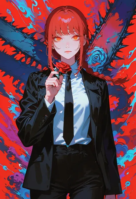 Style 9，1woman, makima (chainsaw man), chainsaw man, black jacket, black necktie, black pants illustration，red background，whole body，holding a red rose in hand，profile，view at viewer, red eyes, high detailed wallpaper, high quality, masterpiece