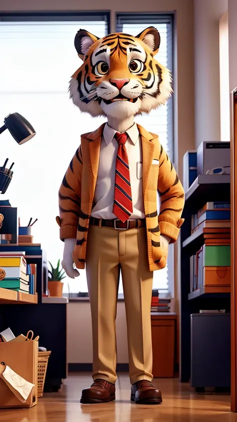 A tiger in office clothes is standing in the hospital