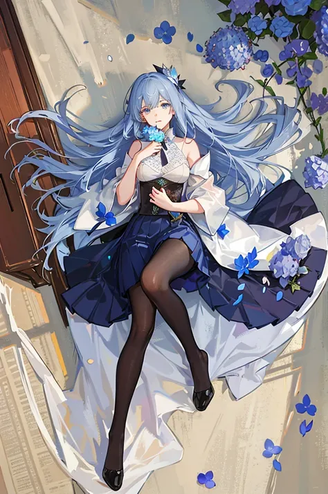 A girl with long blue hair, wearing a shirt and long skirt, holding a book, surrounded by falling hydrangea petals, the colors are magical and shimmering, the effect is magical and filling. remote, panoramic view from afar