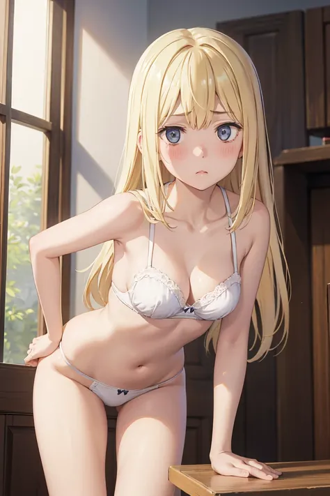 Ais Wallenstein、Detailed Description、high resolution、One Girl、Slender、Blonde、long hair、(blush)、Troubled face、White bra、White panties、Leaning forward、Looking up、belly button