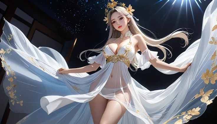 Woman in transparent dress,Viewer,(((Full breasts, Keeley University))),Slim waist,(Navel exposed,Bare waist), Long hair, extreme detailed details, Detailed fantasy art, Stunning character art, Beautiful and exquisite character art, Beautiful transparent d...