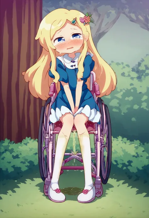 Anime. 1 girl. Baby. Princess. Blonde. Long hair. Blue eyes. Beautiful eyes. Perfect eyes. Expressive eyes. Eyes covered with a faded film. Blind eyes. Blind. Ideal face. Ideal anatomical body. Beautiful long legs. Beautiful body. Beautiful nose. 12 years ...