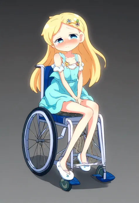 Anime. 1 girl. Baby. Princess. Blonde. Long hair. Blue eyes. Beautiful eyes. Perfect eyes. Expressive eyes. Eyes covered with a faded film. Blind eyes. Blind. Ideal face. Ideal anatomical body. Beautiful long legs. Beautiful body. Beautiful nose. 12 years ...