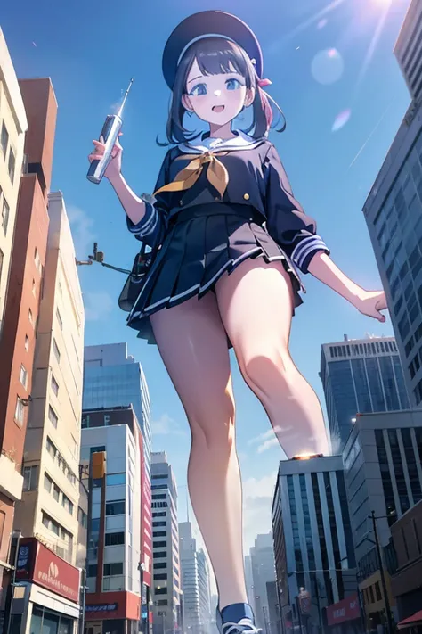 Big girl wearing sneakers，Girl taller than the building，Sailor Suit，Short skirt，Girl raising legs high，Sole