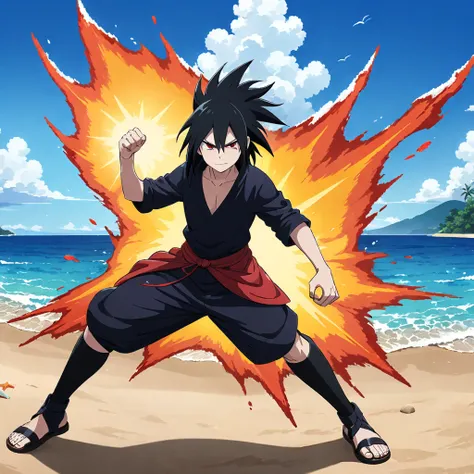 madara uchiha at the beach, anime, character design, detailed, digital painting, vibrant colors, ocean background, beach scenery, sunny, dynamic pose, 4k resolution, ((medium quality)), ((medium quality))