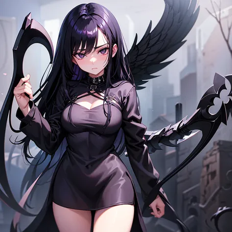 one Women (The chest is just right.)Long black hair, black eyes, wearing a black-purple Cool . Holding a cool angels scythe and releasing dark magic in one hand. (She made a sleepy face while standing in the park after dark.)