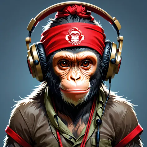 three Monkey wearing headphones and bandanas with a red bandana, concept art, inspired by Alex Petruk APe, zbrush central competition winner, funk art, Monkey, bored monkey nft, In the style of primitive apes, high quality work of art, Animal-style head, e...