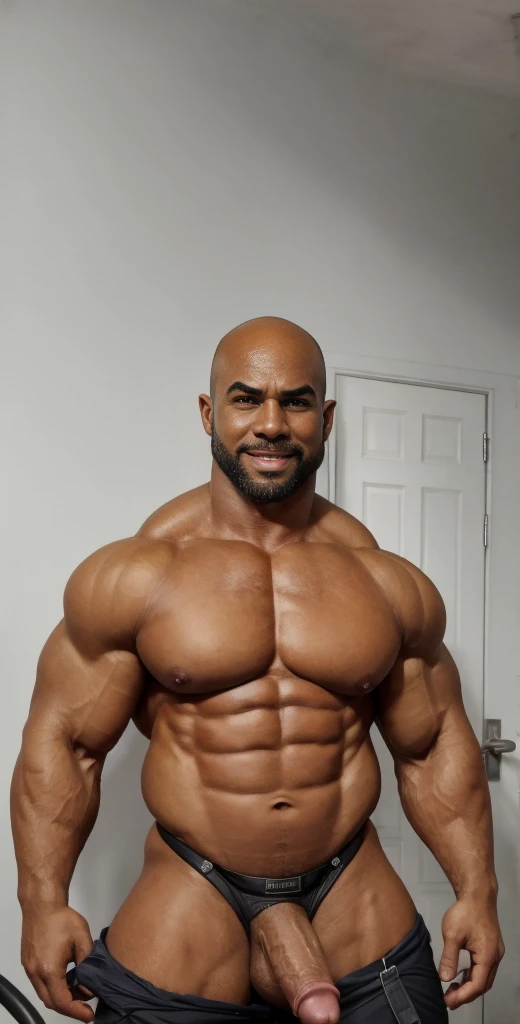 1boy, African American, solo, facial hair,34 yrs old, dom, male focus, flaccid penis, bald head, pectorals, bara, muscular, mature male, muscular male, abs, beard, ring nipples, chest harness, short hair, navel, stomach, large pectorals, thick eyebrows, ba...