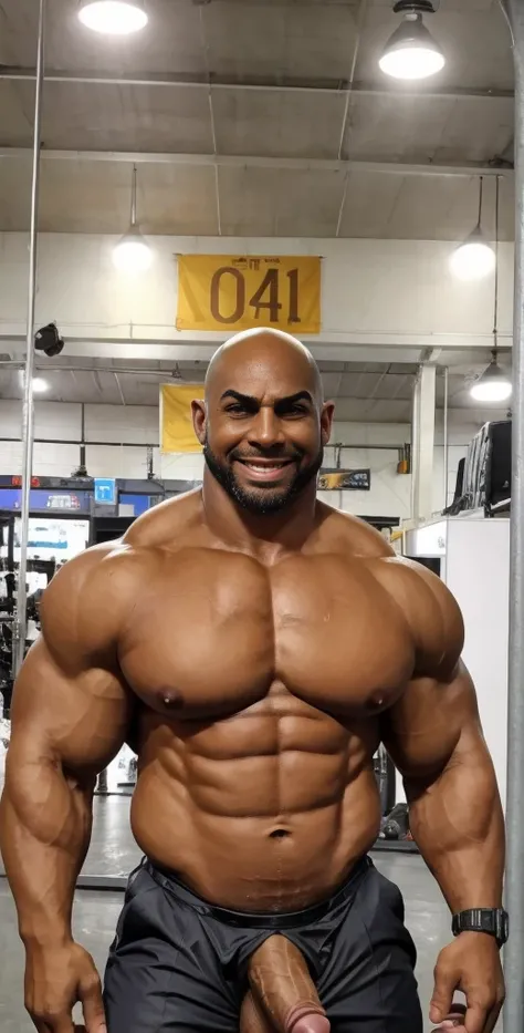 1boy, African American, solo, facial hair,34 yrs old, dom, male focus, flaccid penis, bald head, pectorals, bara, muscular, mature male, muscular male, abs, beard, ring nipples, chest harness, short hair, navel, stomach, large pectorals, thick eyebrows, ba...