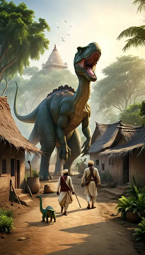 create a photorealistic image set in an 1850s indian village. a village man is walking alongside his pet, a large dinosaur. the ...