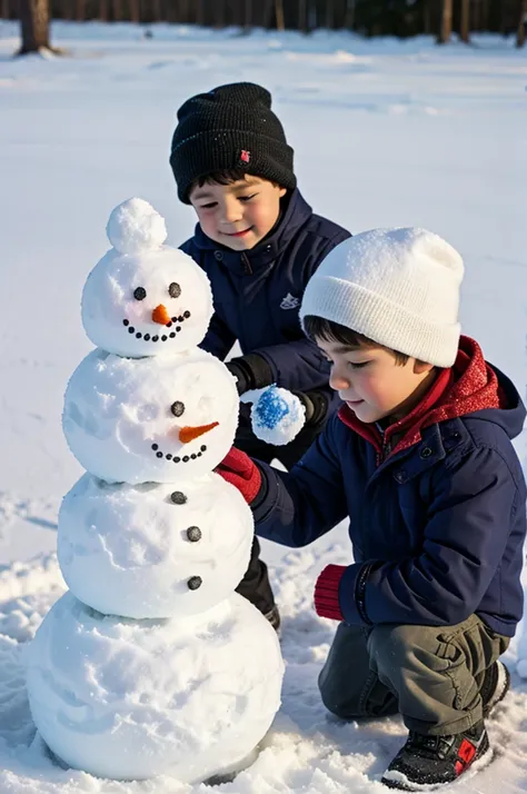 A boy making a snowman