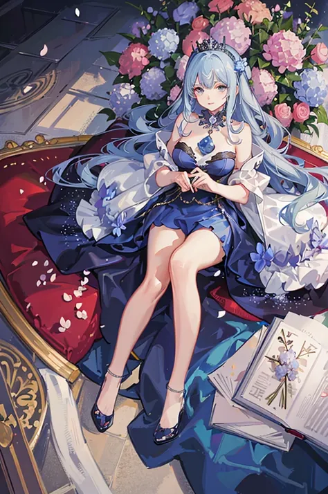 A girl with long blue hair, wearing a royal dress, on her head is a royal palace, surrounded by falling hydrangea petals, magical and shimmering colors, magical and sparkling effects, all remote scene