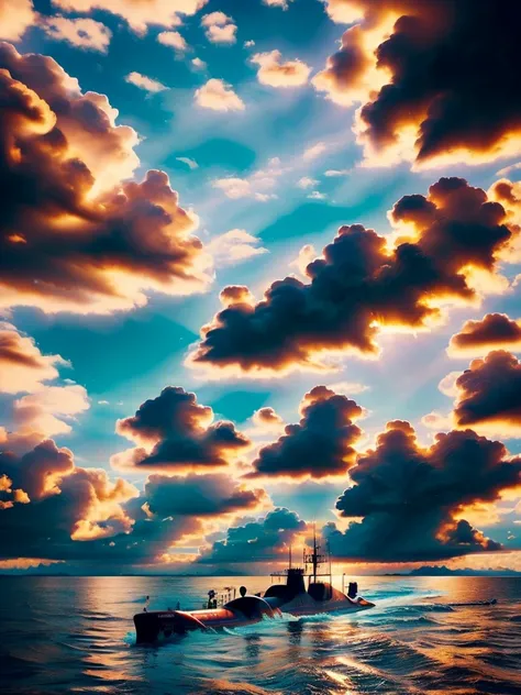 Blue ocean, blue sky and white clouds, no brown in this picture, light theme, red submarine, good quality, very details, red submarine, good weather, sunshine, clear vibe, blue theme, day time, light,  beautiful epic picture
