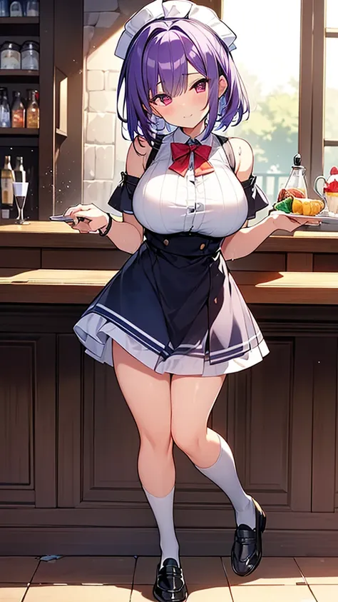 最high quality, high quality, super detailed, 32k, ultra-detailed details, waitress(only, standing, pretty girl, beautiful purple...