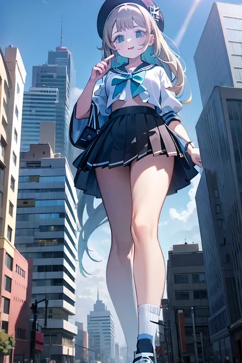 Big girl wearing sneakers，Girl taller than the building，Sailor Suit，Short skirt，Girl raising legs high，Rubble-covered soles