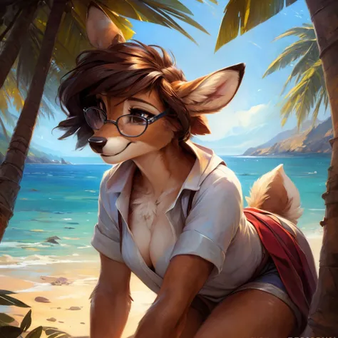 uploaded on e621, by Pixelsketcher, by Bayard Wu, by Thomas Benjamin Kennington , by Einshelm, by hioshiru and kenket, Chunie, portrait, solo anthro female deer doe, with small featureless breasts, clear dark blue, cinematic lighting, day, sunny day, beach...